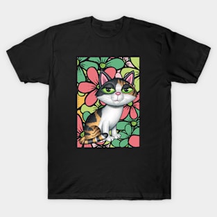 Cute Calico Kitty Cat with multi colored flowers T-Shirt